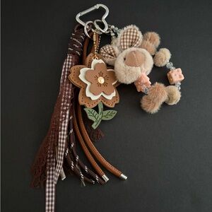 Plush Bunny & Leather Flower Keychain Bag Charm/Keychain Brown Pink
